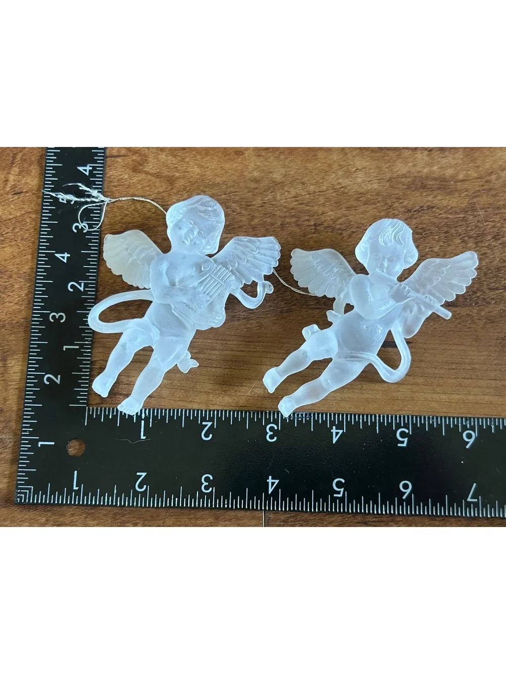 Pair of Frosted Glass Cherub Ornaments with Musical Instruments